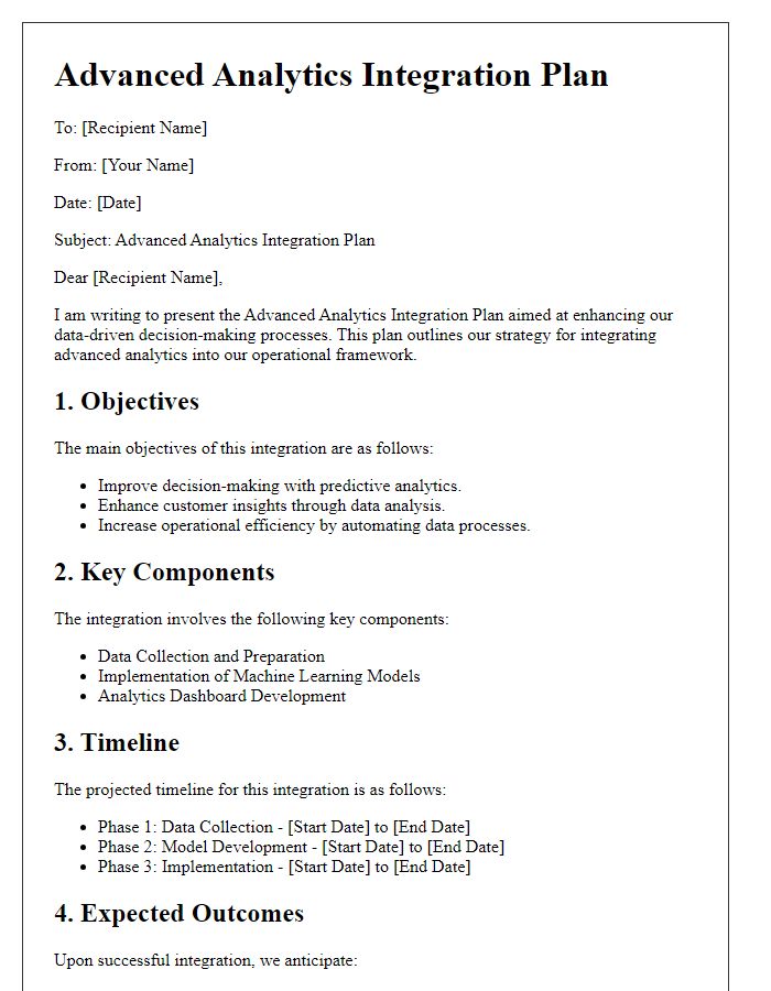 Letter template of advanced analytics integration plan