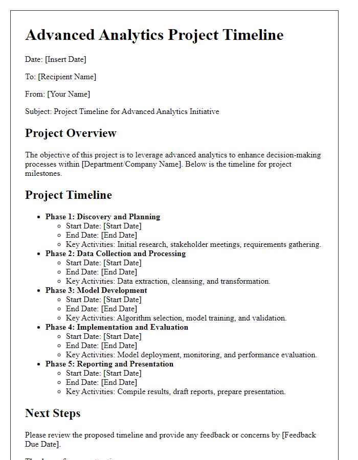 Letter template of advanced analytics project timeline