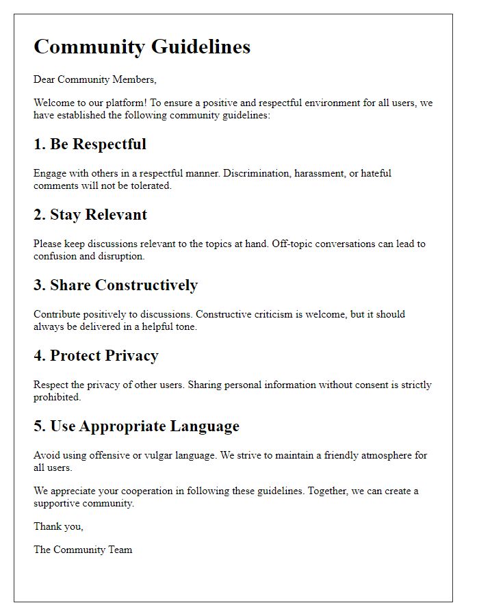 Letter template of digital platform community guidelines