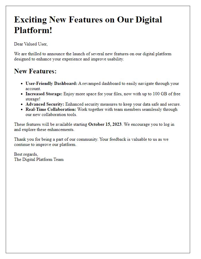 Letter template of digital platform feature announcement