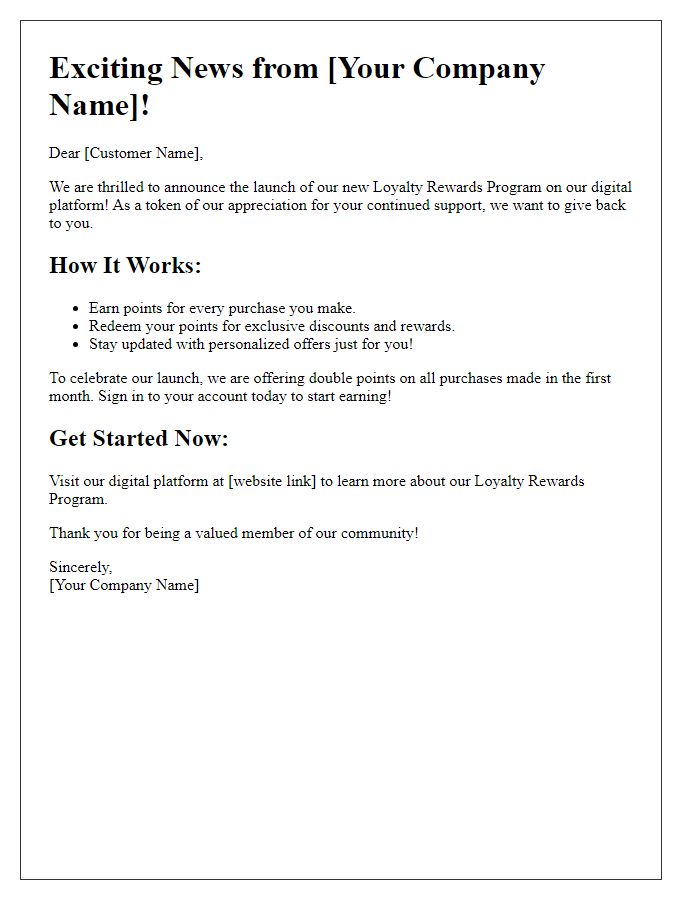 Letter template of digital platform loyalty rewards announcement