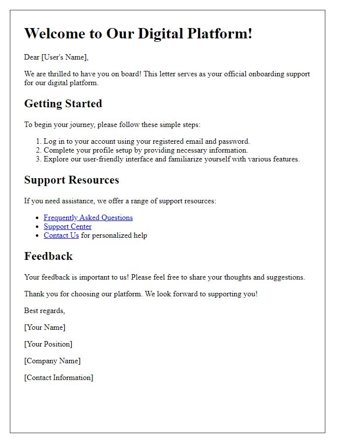 Letter template of digital platform onboarding support