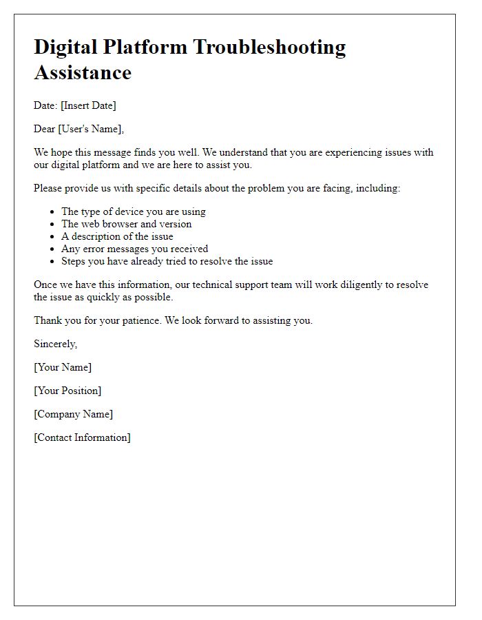 Letter template of digital platform troubleshooting assistance