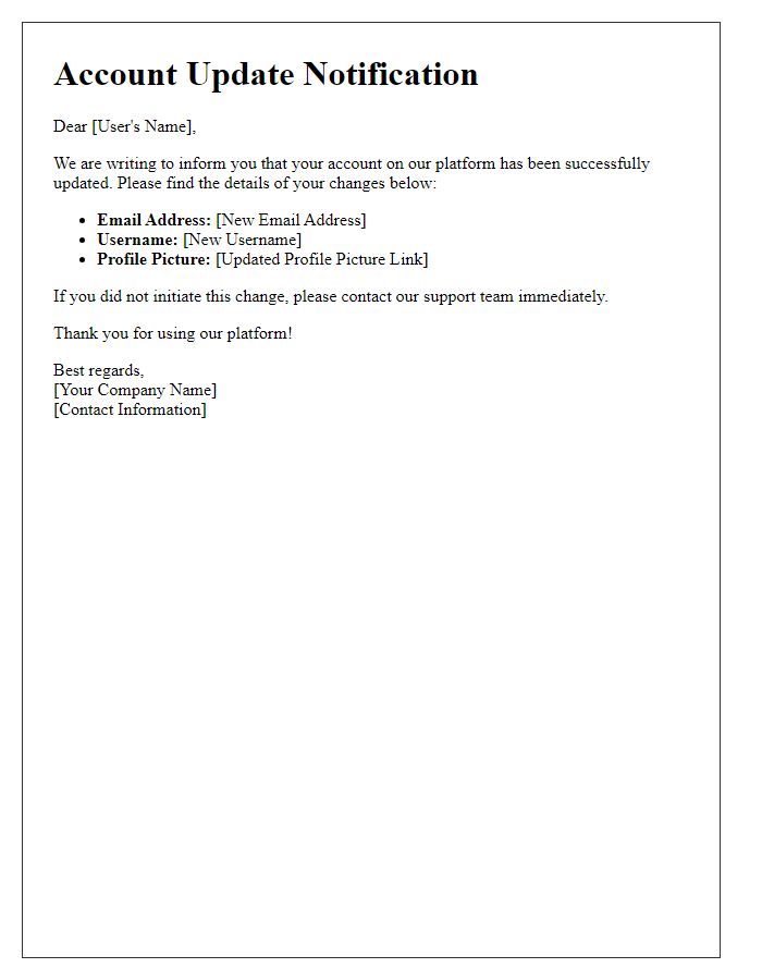 Letter template of digital platform user account update