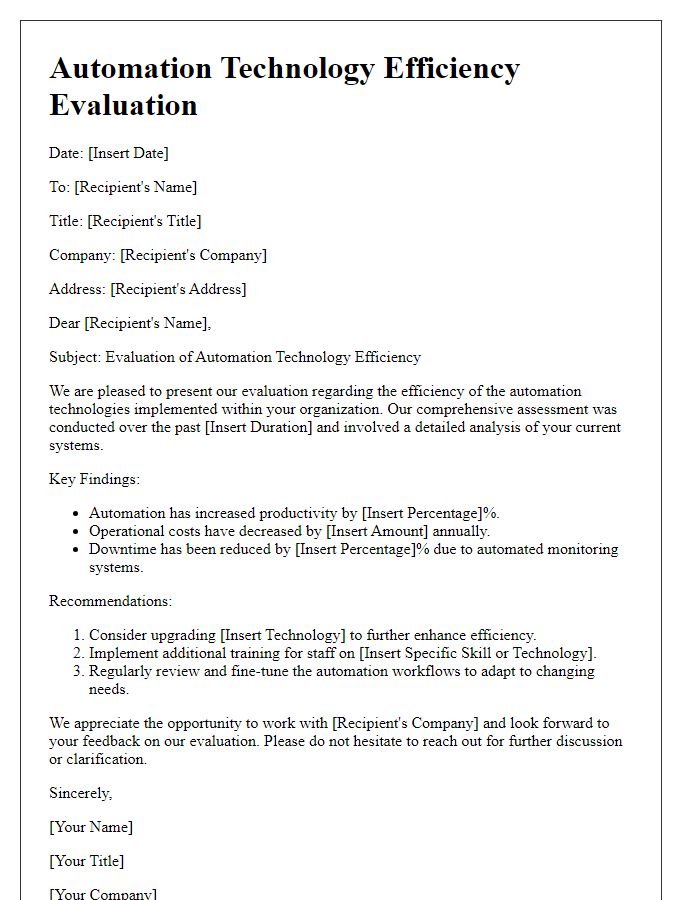Letter template of automation technology efficiency evaluation