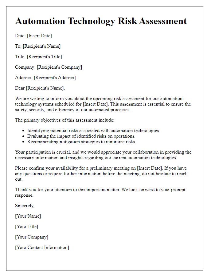 Letter template of automation technology risk assessment