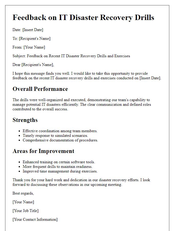 Letter template of IT disaster recovery drills and exercises feedback