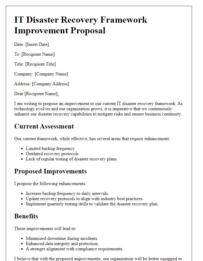 Letter template of IT disaster recovery framework improvement proposal