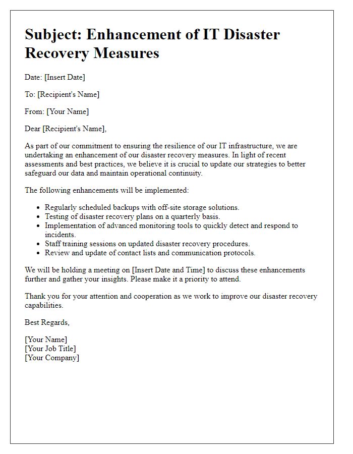 Letter template of IT disaster recovery measures enhancement