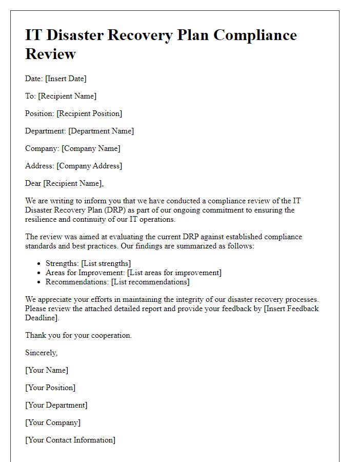 Letter template of IT disaster recovery plan compliance review