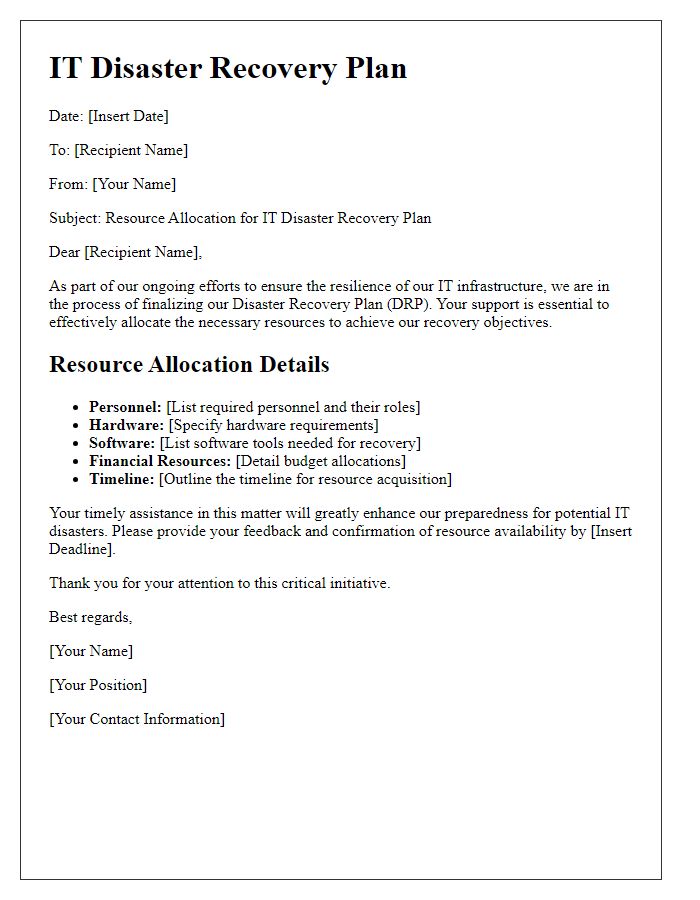 Letter template of IT disaster recovery plan resource allocation