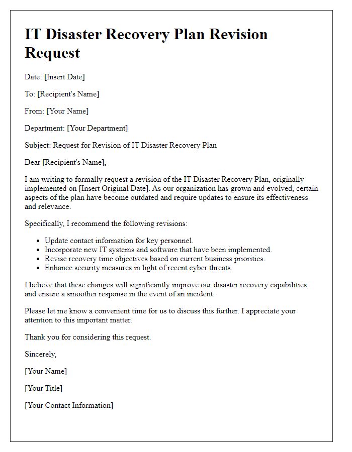 Letter template of IT disaster recovery plan revision request