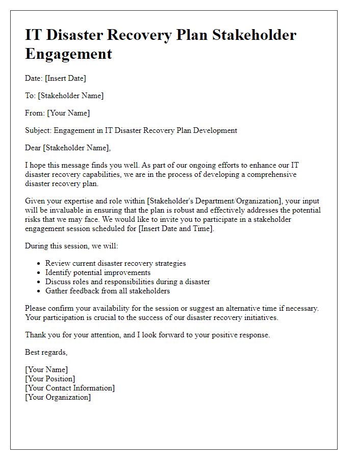 Letter template of IT disaster recovery plan stakeholder engagement