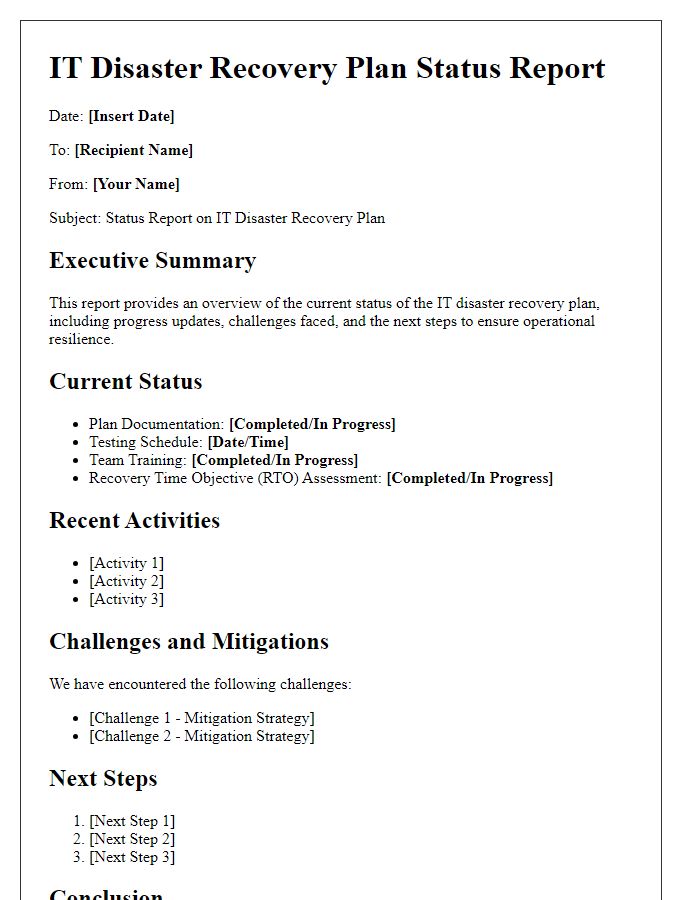 Letter template of IT disaster recovery plan status report