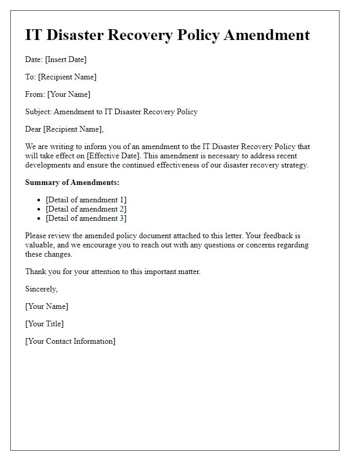 Letter template of IT disaster recovery policy amendment