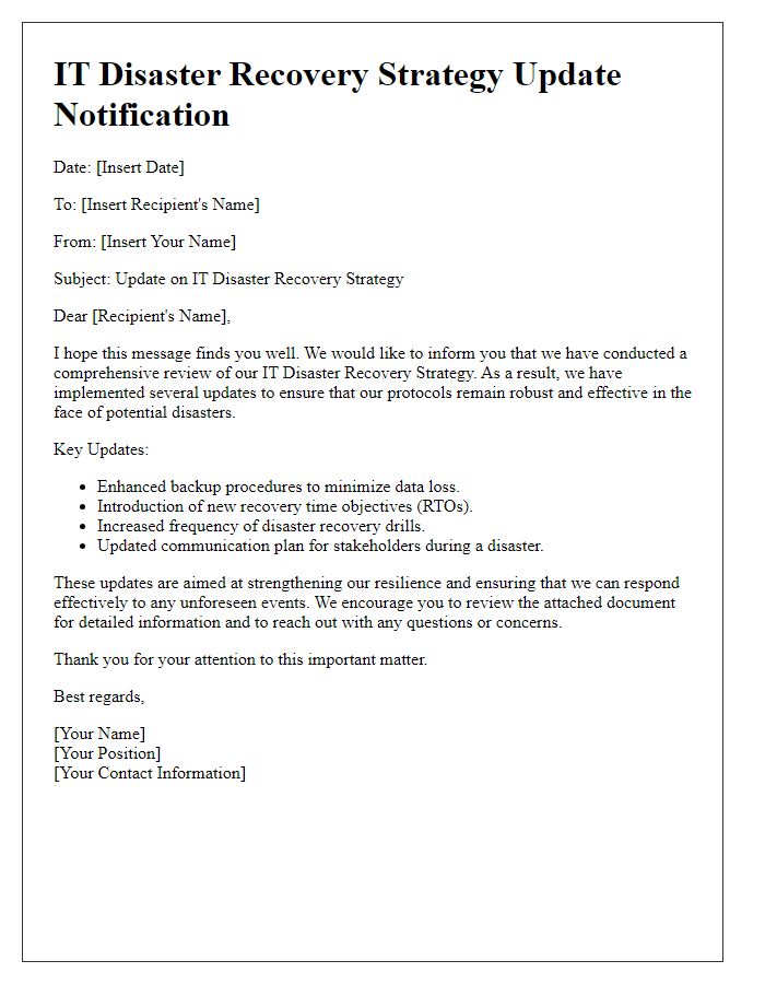 Letter template of IT disaster recovery strategy update notification