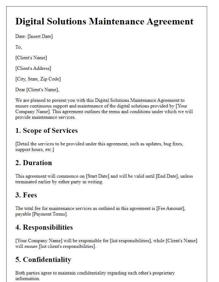 Letter template of Digital Solutions Maintenance Agreement