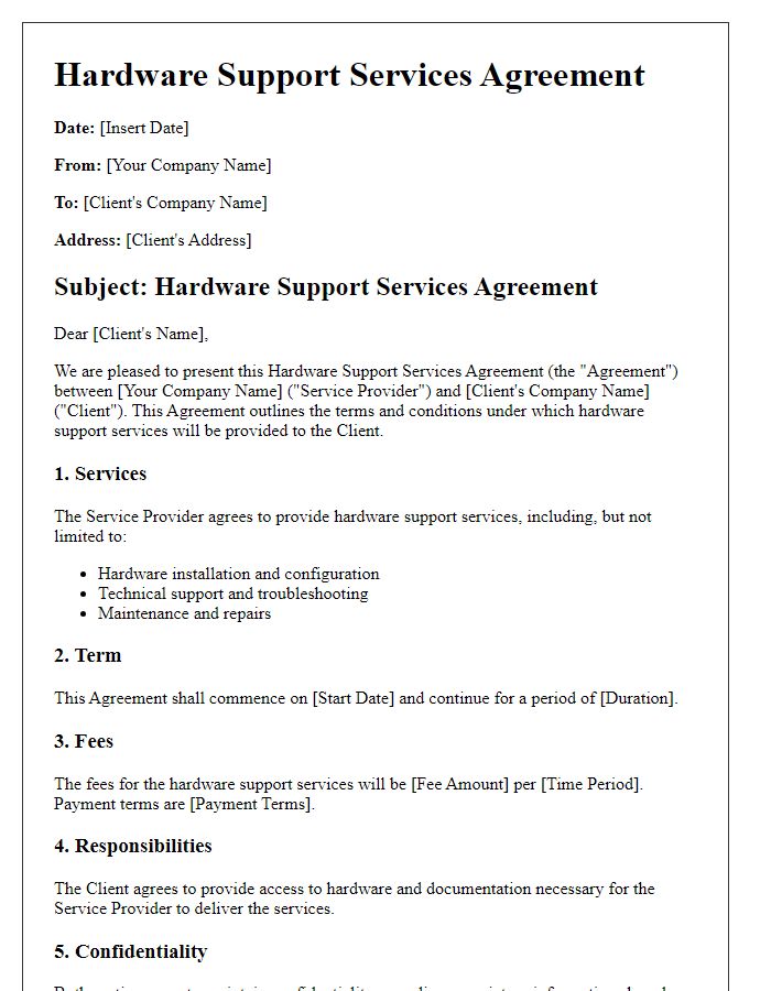 Letter template of Hardware Support Services Agreement