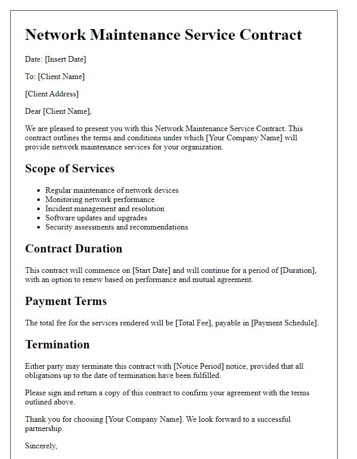 Letter template of Network Maintenance Service Contract