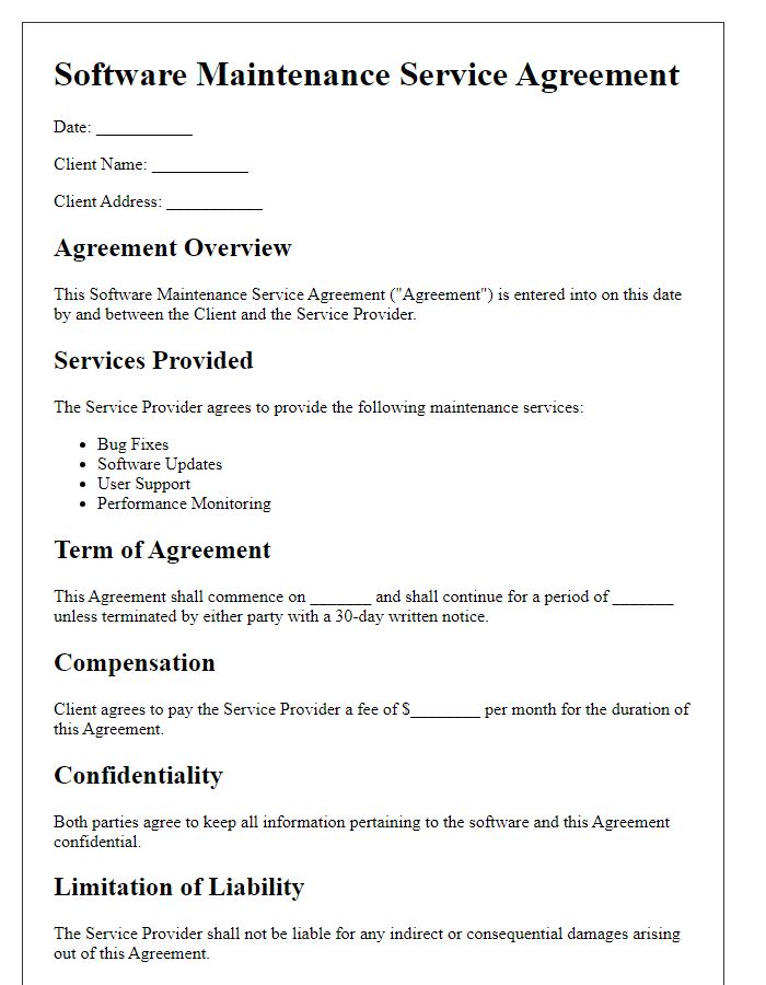 Letter template of Software Maintenance Service Agreement