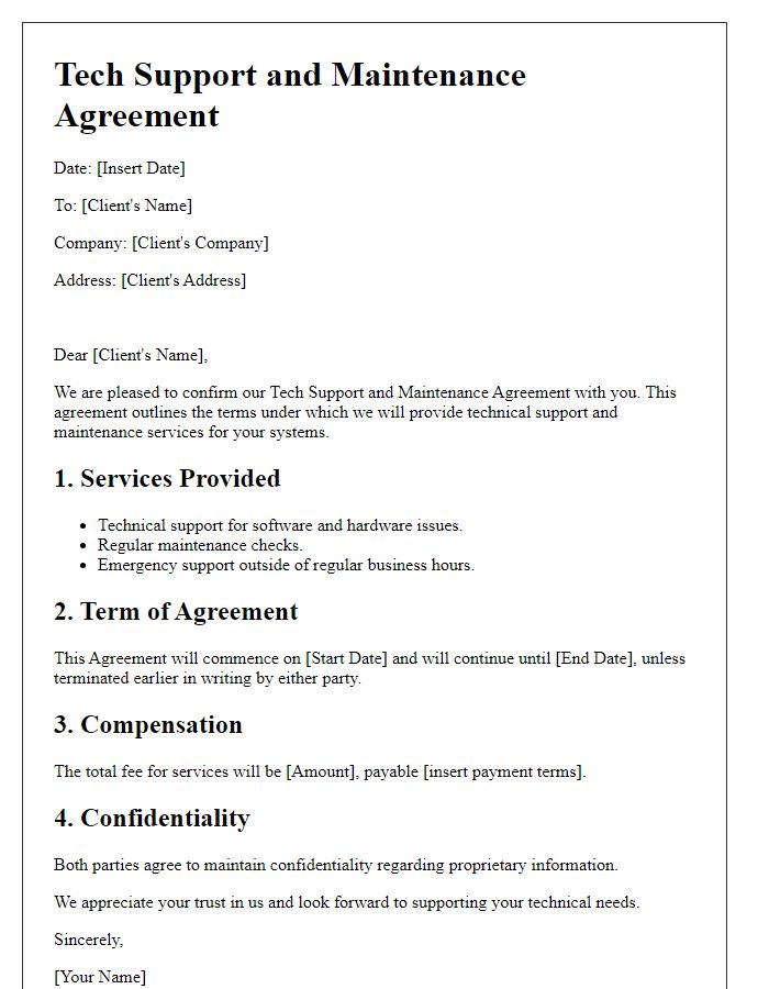 Letter template of Tech Support and Maintenance Agreement