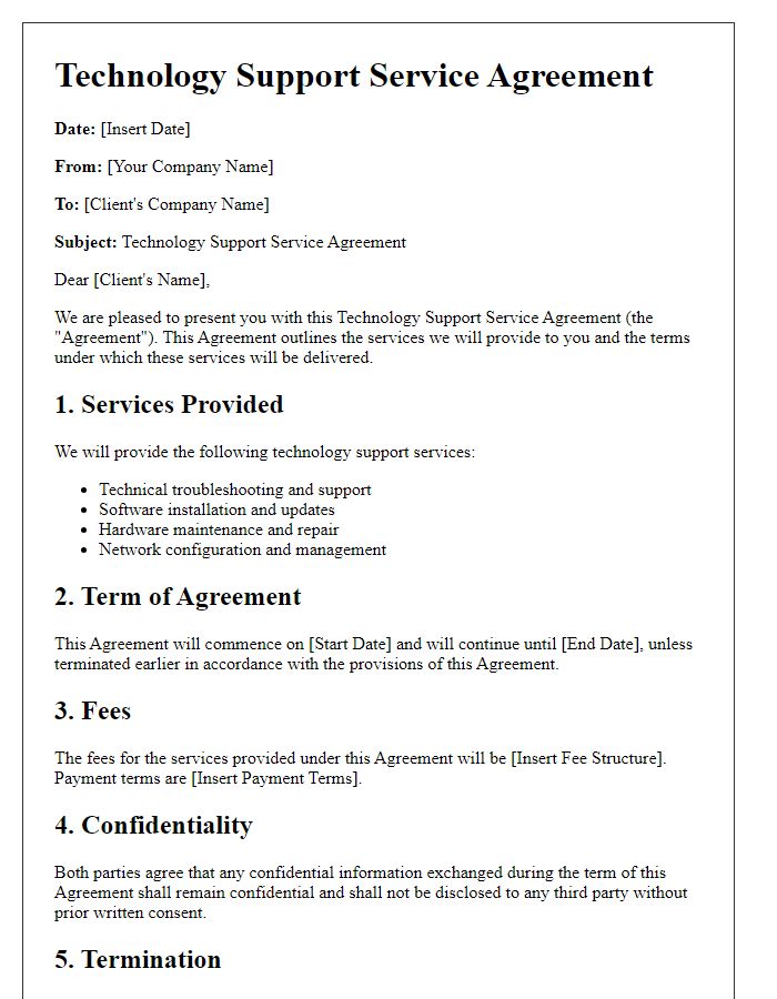 Letter template of Technology Support Service Agreement