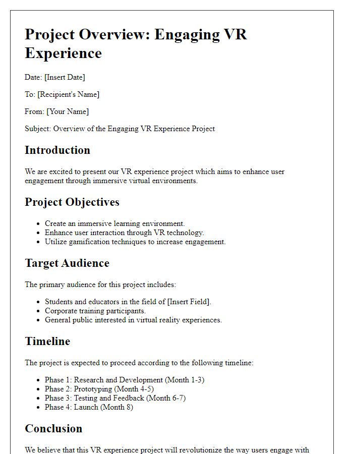 Letter template of engaging VR experience project overview