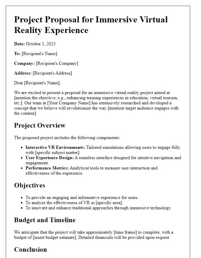 Letter template of immersive virtual reality project proposal