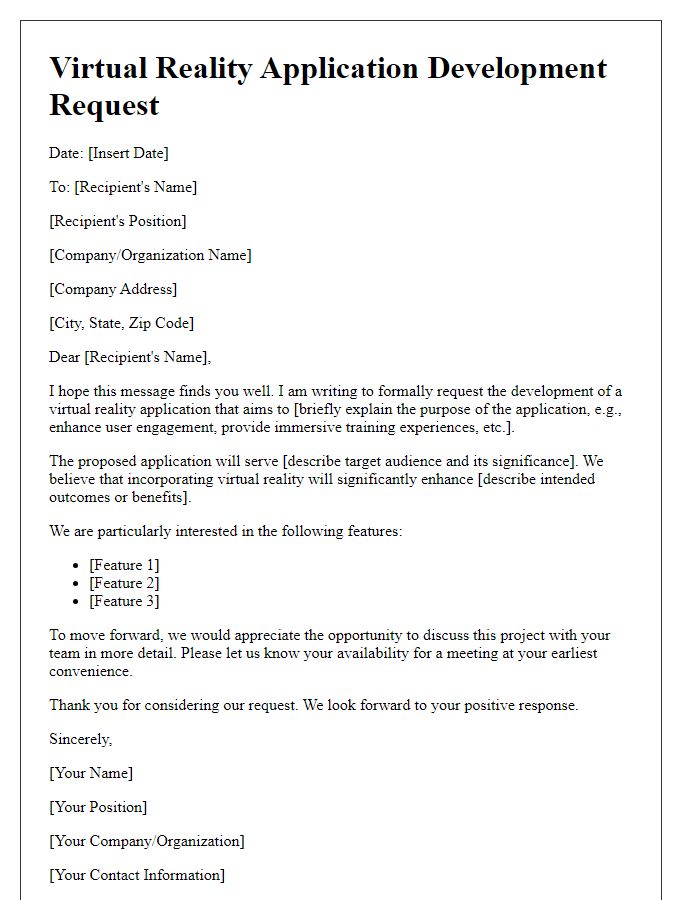 Letter template of virtual reality application development request