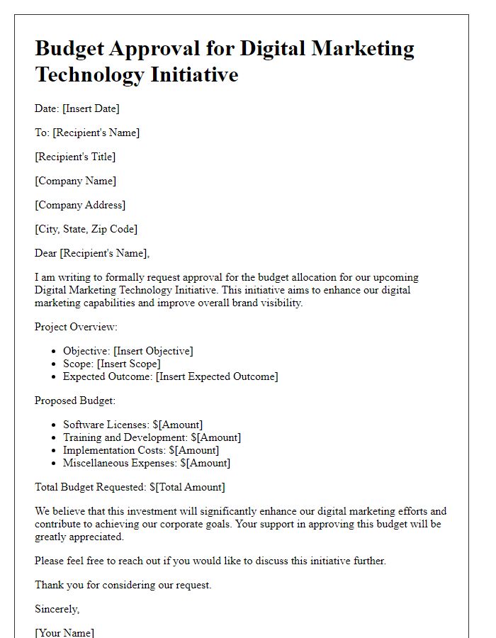 Letter template of a budget approval for a digital marketing technology initiative