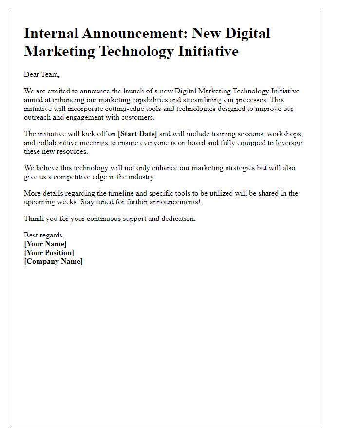 Letter template of an internal announcement for a digital marketing technology initiative