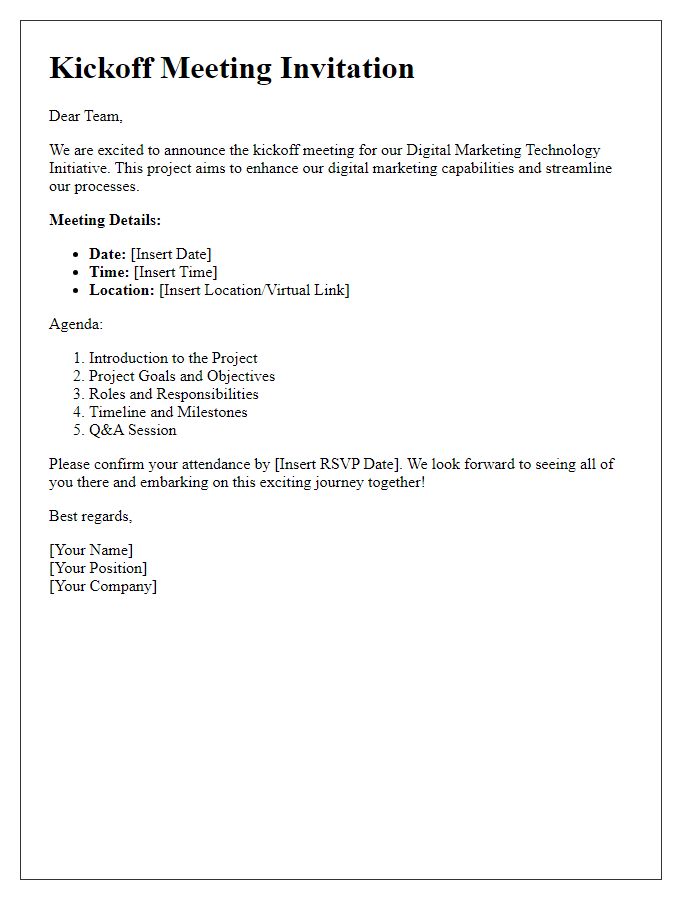 Letter template of a kickoff meeting invitation for a digital marketing technology initiative