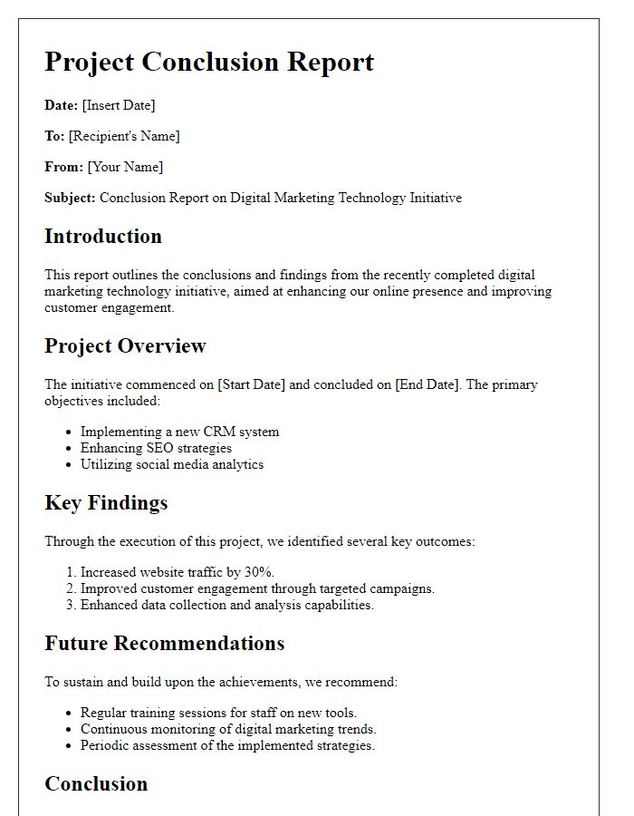 Letter template of a project conclusion report on a digital marketing technology initiative