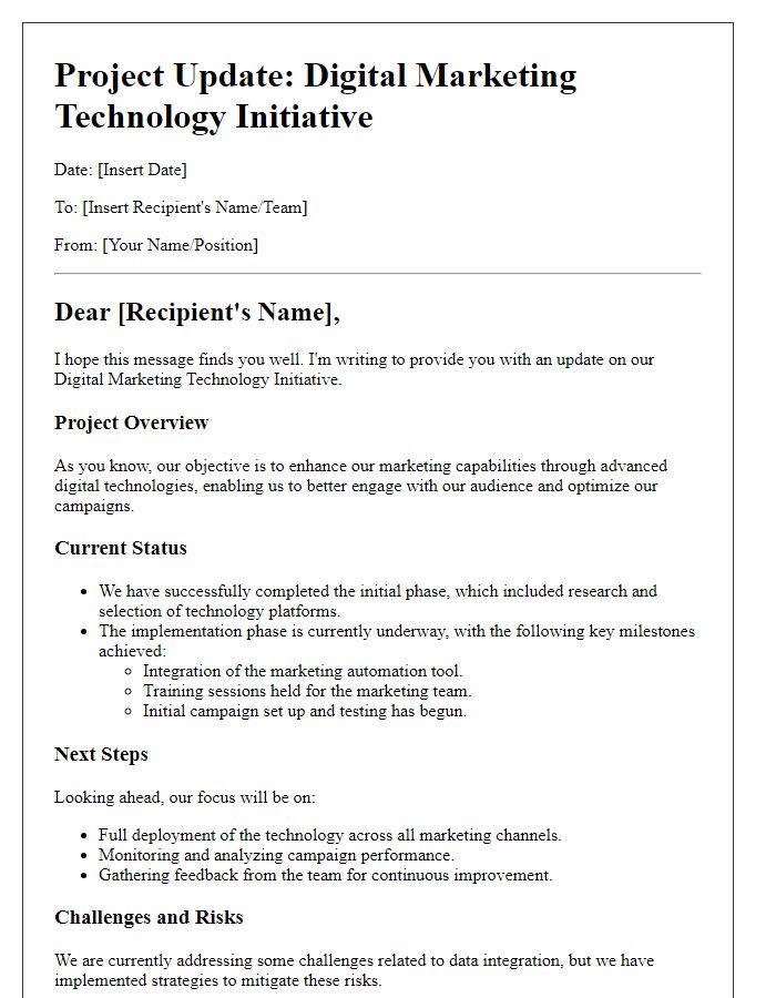 Letter template of a project update on a digital marketing technology initiative