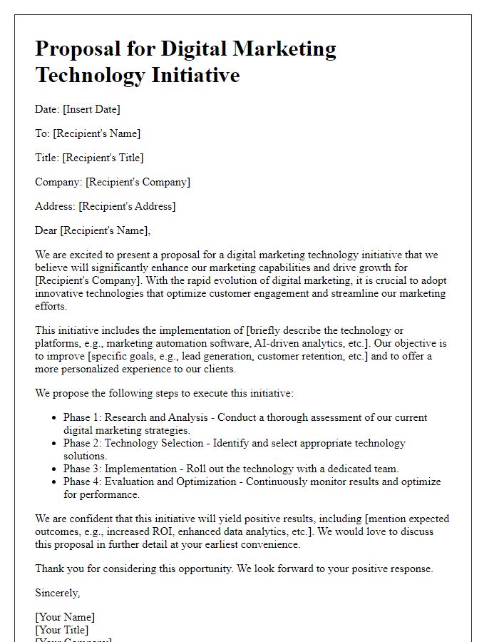 Letter template of a proposal for a digital marketing technology initiative