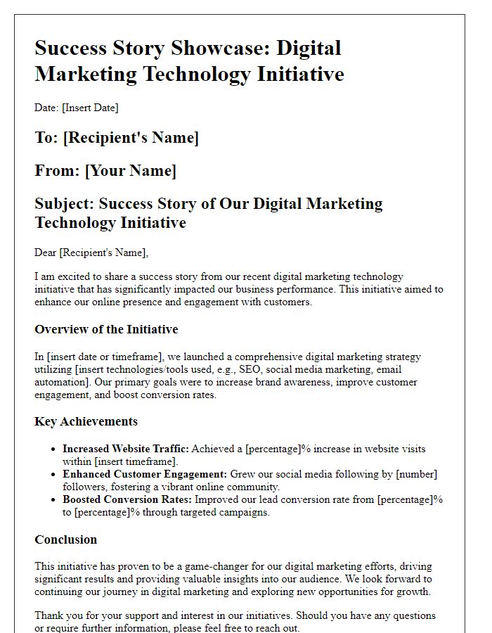 Letter template of a success story showcase for a digital marketing technology initiative