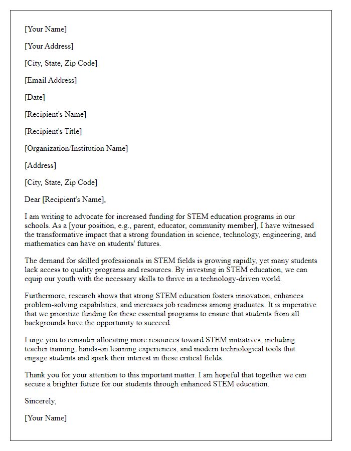 Letter template of advocacy for STEM education funding.