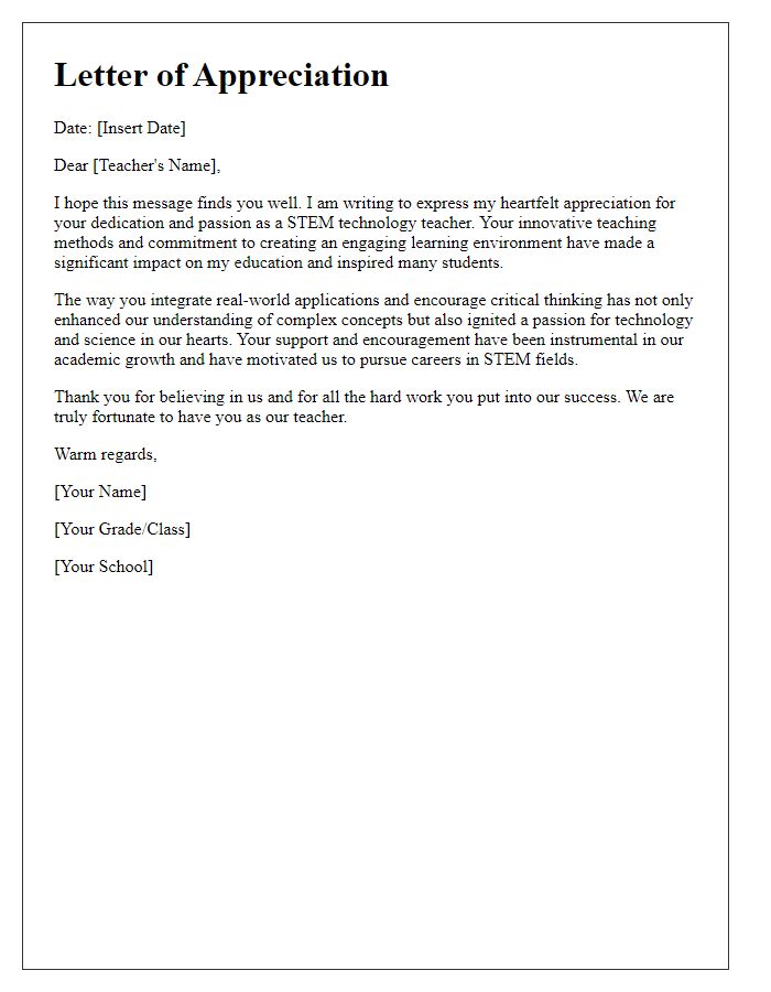 Letter template of appreciation for STEM technology teachers.