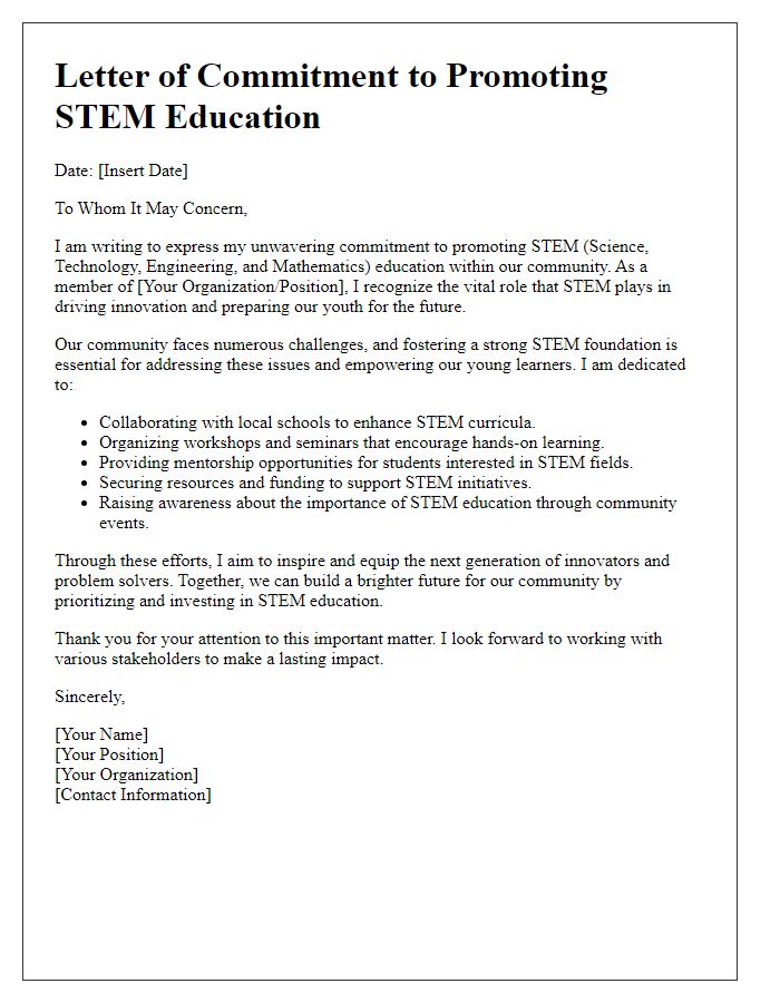 Letter template of commitment to promoting STEM education in the community.