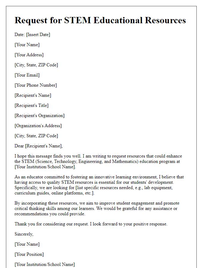 Letter template of request for STEM educational resources.