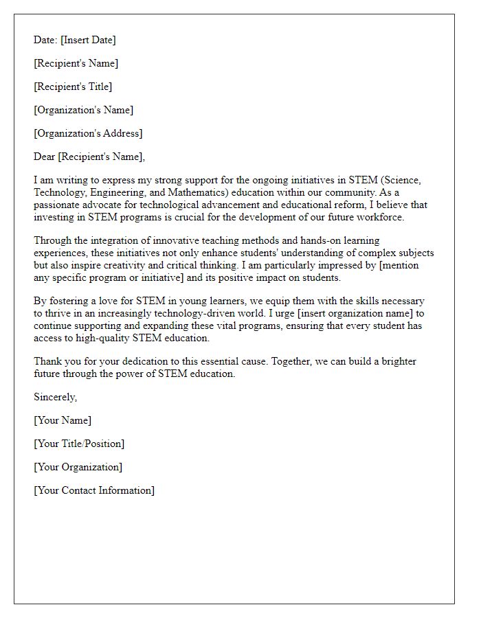 Letter template of support for STEM technology education initiatives.