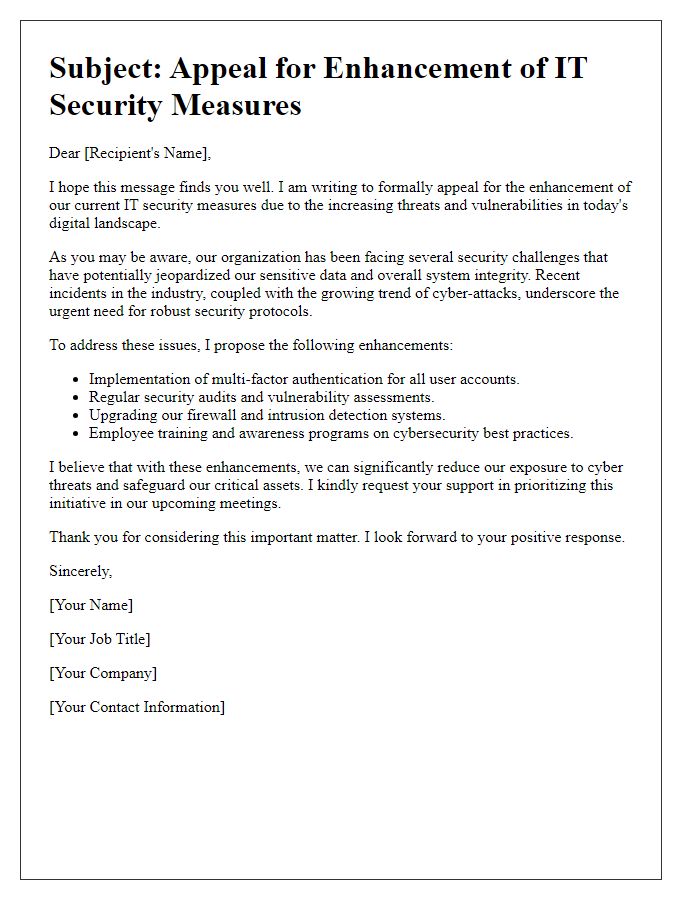 Letter template of appeal for IT security measures enhancement