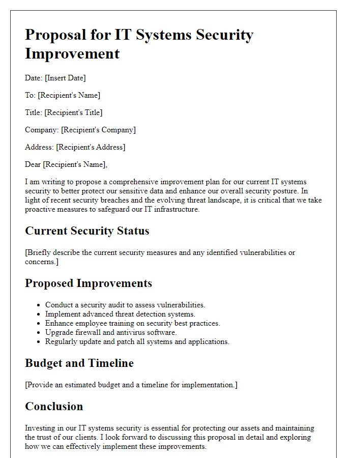 Letter template of proposal for IT systems security improvement