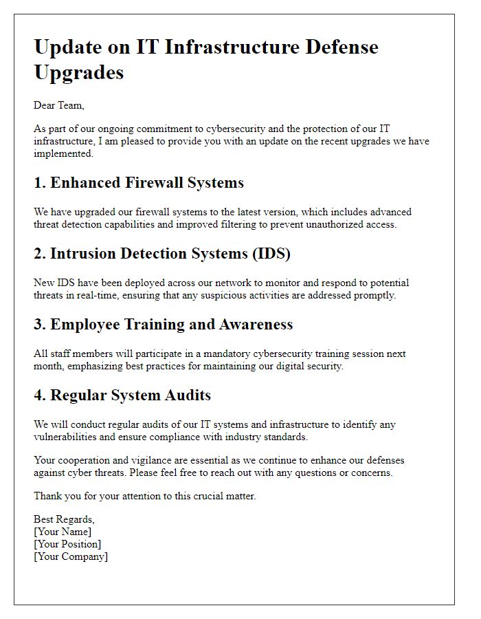 Letter template of update on IT infrastructure defense upgrades