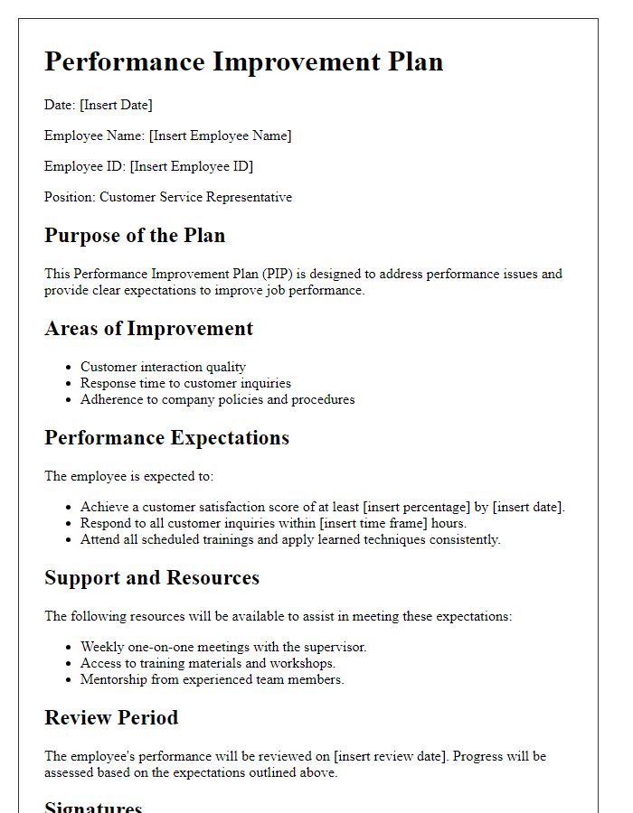 Letter template of Performance Improvement Plan for Customer Service Representatives