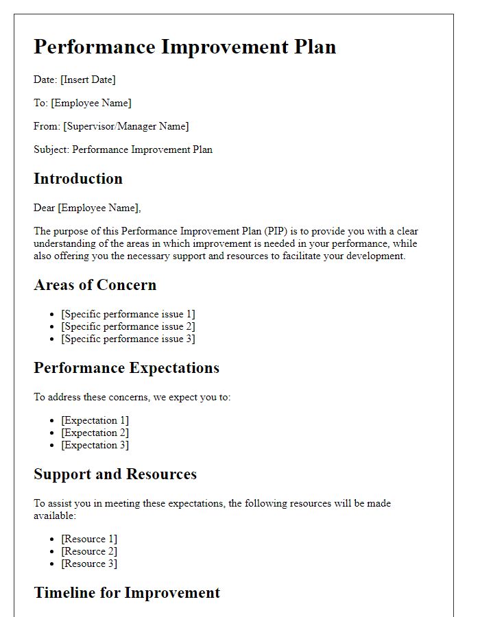 Letter template of Performance Improvement Plan for Employee Development