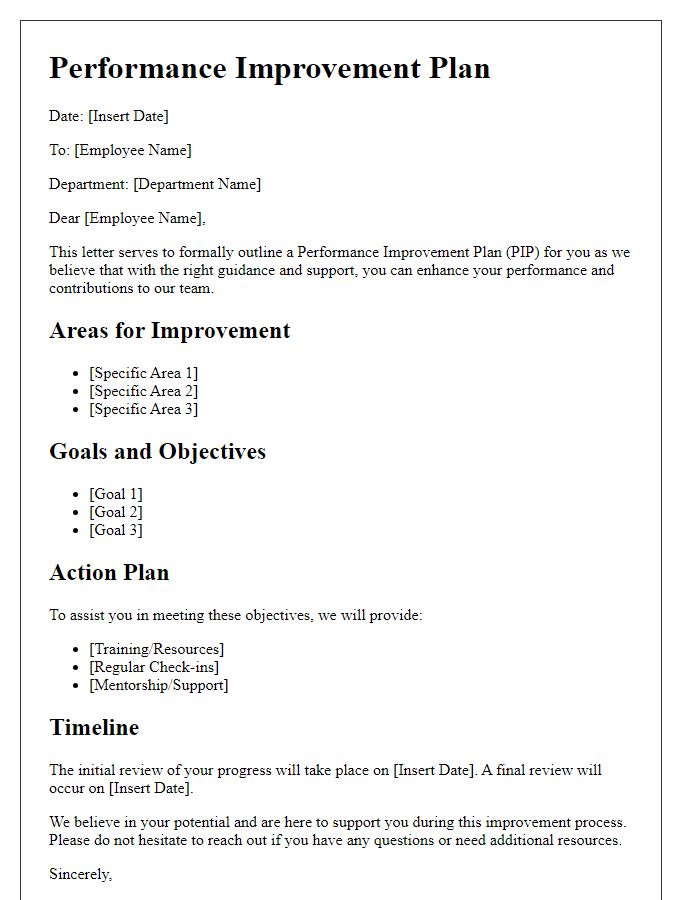 Letter template of Performance Improvement Plan for Junior Employees