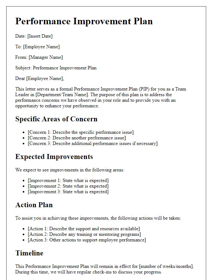 Letter template of Performance Improvement Plan for Team Leaders