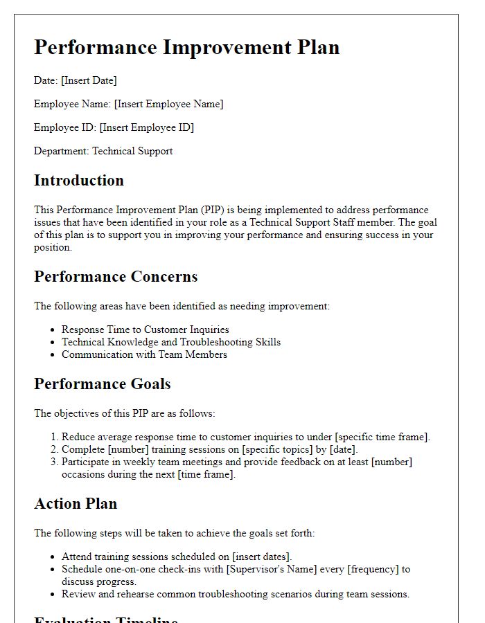 Letter template of Performance Improvement Plan for Technical Support Staff