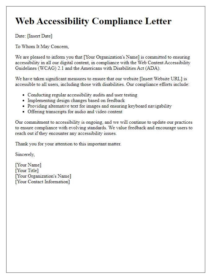 Letter template of compliance for web accessibility standards